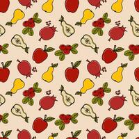 desatado padronizar colori rabisco frutas maçãs, peras, romãs e cranberries em luz Rosa - outono fundo, vetor ilustração. para embalagem, têxteis, papeis de parede, rede Projeto