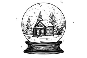 alegre Natal presente neve globo floco de neve árvore e casa dentro. vetor gravação tinta esboço ilustração.