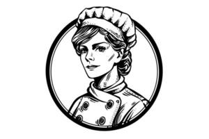mulher chefe de cozinha tinta esboço dentro gravação estilo. desenhando jovem fêmea vetor ilustração.