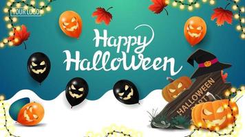 feliz dia das bruxas, cartão azul com folhas de outono, balões de halloween, guirlanda, placa de madeira e jack de abóbora vetor