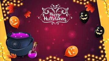 modelo de halloween horizontal para suas artes com folhas de outono, balões de halloween, guirlanda e caldeirão de bruxa com poção. modelo de cartão postal, pôster, banner vetor