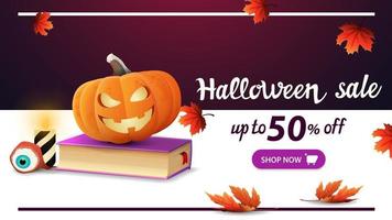 liquidação de halloween, até 50 de desconto, banner moderno com livro de feitiços e jack de abóbora. design moderno de banner de desconto com botão vetor