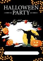festa de halloween, pôster preto com balões de halloween, folhas de outono, espantalho e jack de abóbora contra a lua. modelo escuro para sua arte vetor