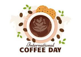 internacional café dia vetor ilustração em 1º Outubro com perfumado beber e Castanho fundo dentro plano desenho animado mão desenhado modelos