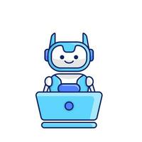 robô personagem trabalhos com computador portátil vetor ilustração. fofa desenho animado robô ilustração