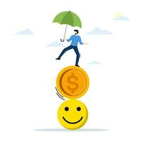 Saldo conceito entre dinheiro e felicidade, riqueza e saúde, homem de negocios segurando guarda-chuva balanceamento ele mesmo em pilha do sorridente rostos e dólar moedas. escolher uma significativo vida e verdade sucesso. vetor