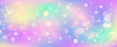 arco Iris unicórnio fundo. pastel Rosa cor céu com estrelas. holográfico fantasia impressão com bokeh. vetor papel de parede para Princesa menina Projeto.