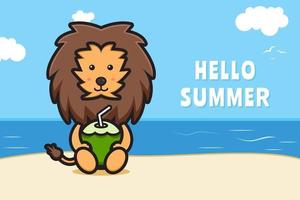 Leão fofo segurando coco com uma ilustração de ícone de vetor de desenho de banner de saudação de verão