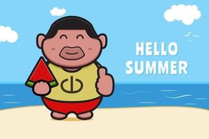 lindo menino gordo segurando melancia com uma ilustração de ícone de vetor de desenho animado de banner de saudação de verão