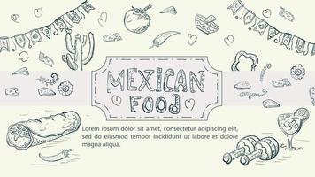 esboço de ilustração feito no estilo de um doodle desenhado à mão para um projeto sobre o tema comida nacional mexicana prato de burrito pimenta pimenta cactos maracas vetor