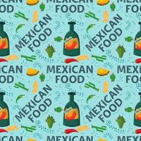 Padrão sem emenda plano sem costura com o tema comida mexicana, garrafa de bebida de tequila e planta de cacto em um fundo azul vetor