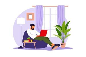 homem sentado com o laptop na cadeira do saco de feijão. ilustração do conceito para trabalhar, estudar, educação, trabalhar em casa. apartamento. ilustração vetorial. vetor