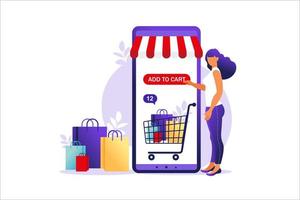 mulher fazendo compras online no celular. conceito de compras online, pagamento da loja online. cartões de crédito bancários, pagamentos online seguros e faturas financeiras. carteiras para smartphones, tecnologia digital paga. vetor