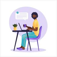 homem afro-americano sentado à mesa com o laptop. trabalhando em um computador. freelance, educação online ou conceito de mídia social. freelance ou estudando o conceito. estilo simples. ilustração vetorial. vetor