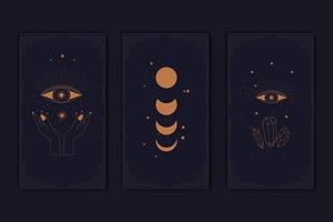 conjunto de cartas de tarô místicas. elementos de símbolos esotéricos, ocultos, alquímicos e bruxas. signos do zodíaco. cartões com símbolos esotéricos. silhueta de mãos, estrelas, lua e cristais. ilustração vetorial vetor