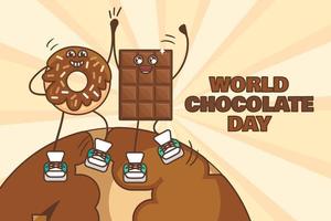 ilustração do dia mundial do chocolate com personagens dançantes de rosquinha doce e barra de chocolate vetor