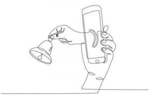 desenho de linha contínua de uma mão segurando um smartphone com sinos de notificação, ilustração vetorial vetor