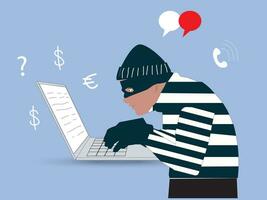hacker criminoso segurando máscara de amigos para hackear na tela do celular roubando dinheiro, crime cibernético, roubo de dados pessoais, senha, ilustração vetorial plana de cartão de crédito. vetor