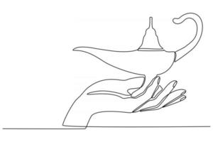 mão em linha contínua com ilustração vetorial de lâmpada de aladim vetor