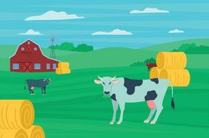 desenho animado cor vacas Fazenda panorama cena conceito. vetor