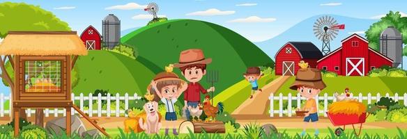 paisagem de fazenda horizontal com personagens de desenhos animados infantis vetor