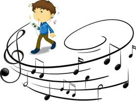 doodle personagem de desenho animado de um jovem ouvindo música com símbolos de melodia musical vetor