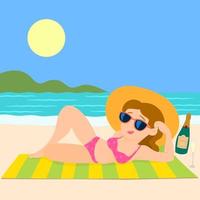garota na praia tomando sol, horário de verão vetor