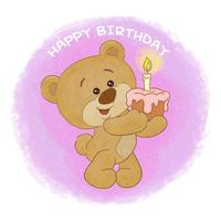 feliz aniversário urso engraçado com bolo vetor
