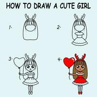 degrau de degrau para desenhar uma fofa garota. desenhando tutorial uma fofa garota. desenhando lição para crianças. vetor ilustração