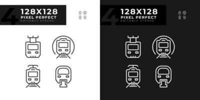 passageiro trem pixel perfeito linear ícones conjunto para escuro, luz modo. vapor locomotiva. trilho transporte. Alto velocidade. fino linha símbolos para noite, dia tema. isolado ilustrações. editável acidente vascular encefálico vetor