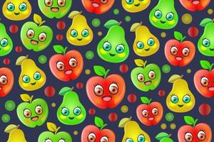 maçãs e peras colorida desatado padronizar. sorridente feliz desenho animado frutas recorrente, sem fim padronizar. vetor