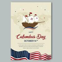 Colombo dia Outubro 14º folheto Projeto com uma navio e nos bandeira ilustração vetor