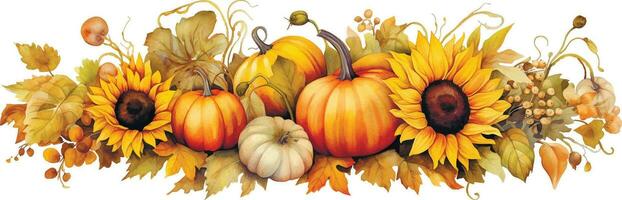 aguarela desenho. outono composição com colheita, com abóboras e girassol flores dentro vintage estilo. Ação de graças cartão decoração, outono, colheita festival vetor
