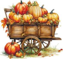 aguarela desenho. outono vagão com colheita, com abóboras e flores dentro vintage estilo. Ação de graças cartão decoração, outono, colheita festival vetor