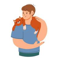 animal proprietário. uma jovem homem com uma gato em dele ombros. plano vetor ilustração.