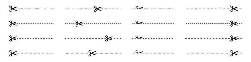 cortar linha ícone com tesoura, cortar aqui orientação, tesouras e traço. cupom marca e símbolo para corte, significando comprovante. plano vetor ilustrações isolado dentro fundo.