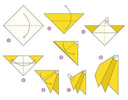 bananas origami esquema tutorial comovente modelo. origami para crianças. degrau de degrau quão para faço uma fofa origami banana. vetor ilustração.