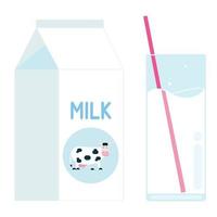 leite produto diário pacote com vaca no círculo e copo de leite com palha estilo plano design ilustração vetorial isolada no fundo branco. embalagem de caixa de design plano minimalista de leite e vidro vetor
