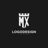 iniciais mx logotipo monograma com escudo e fortaleza Projeto vetor