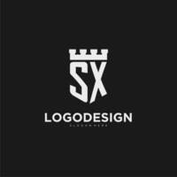 iniciais sx logotipo monograma com escudo e fortaleza Projeto vetor