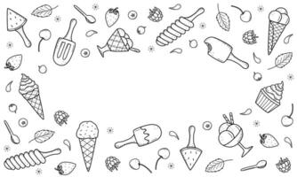 gelo creme e bagas conjunto do rabisco ícones. vetor ilustração do verão sobremesas picolés, gelo creme dentro waffle cones, morango cereja framboesa hortelã mirtilo.