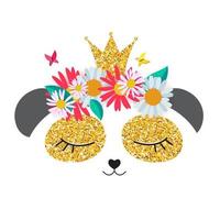 pequena princesa panda bonito com coroa e flores para design de cartão e camisa. ilustração vetorial vetor