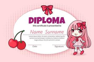 colorida escola e pré escola diploma certificado para crianças dentro Jardim da infância ou primário notas com fofa desenho animado animê menina dentro chapéu com arco e cerejas. vetor plano ilustração para crianças.