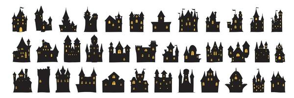 ampla coleção do dia das Bruxas casas com amarelo janelas. arrepiante casas definir. dia das Bruxas casa conjunto ícones. vetor ilustração.