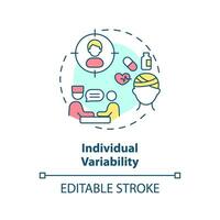 Individual variabilidade conceito ícone. único paciente respondendo em tratamento. precisão remédio fator abstrato idéia fino linha ilustração. isolado esboço desenho. editável acidente vascular encefálico vetor