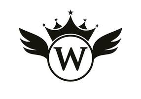 carta W transporte logotipo com asa, escudo e coroa ícone. asa logotipo em escudo símbolo vetor