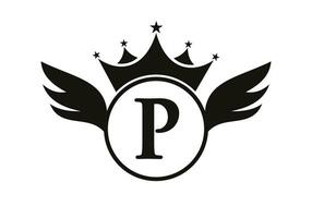 carta p transporte logotipo com asa, escudo e coroa ícone. asa logotipo em escudo símbolo vetor