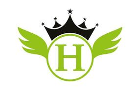 carta h transporte logotipo com asa, escudo e coroa ícone. asa logotipo em escudo símbolo vetor