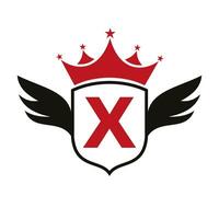 carta x transporte logotipo com asa, escudo e coroa ícone. asa logotipo em escudo símbolo vetor