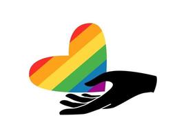orgulho coração colorido arco-íris com a mão. cores da bandeira da comunidade de gays, lésbicas, bissexuais e transgêneros. ilustração em vetor plana. design para banner, cartaz, cartão, folheto